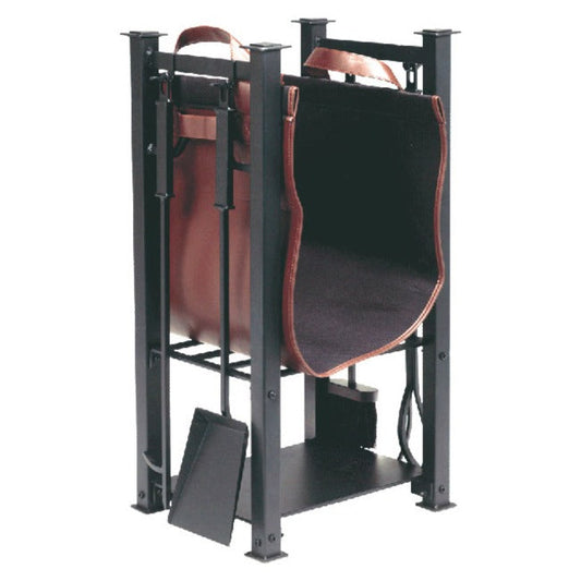 Steel and Suede 6 Piece Log Holder with Carrier and Tools