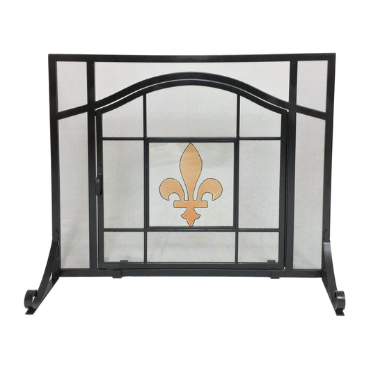 37 3/4" Steel Fleur De Lis Design Wrought Iron Panel Scren with Door
