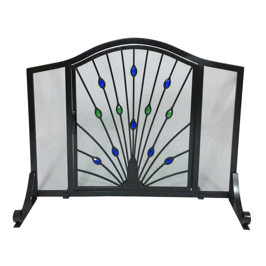 44" Steel Peacock Design Wrought Iron Arched Panel Screen with Door